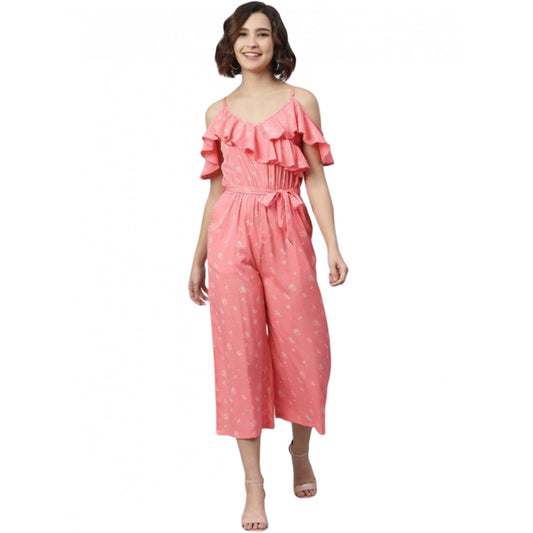 Indoraa Women's Polyester Floral Cold Shoulder Jumpsuit (Pink)