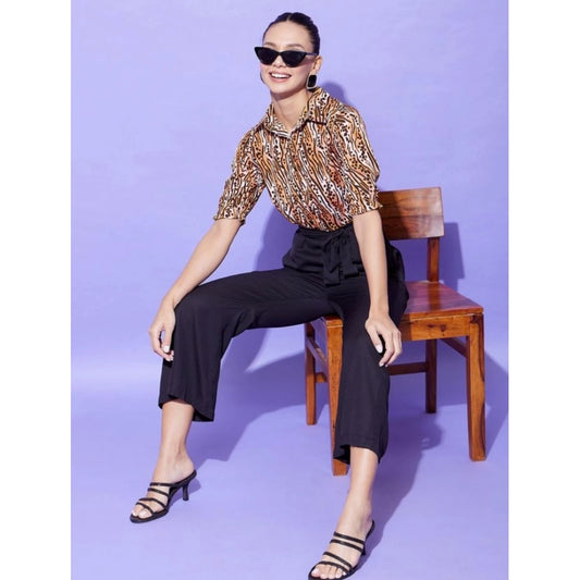 Indoraa Women's Polyester Animal Print Half Sleeve Jumpsuit (Orange - Black)