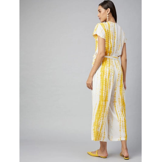 Indoraa Women's Rayon Striped Short Sleeve Jumpsuit (Yellow - White)