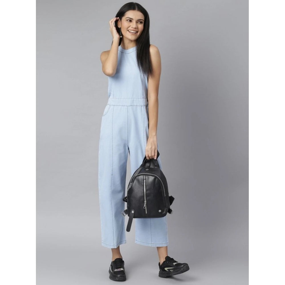 Indoraa Women's Denim Self Design Sleeveless Jumpsuit (Blue)