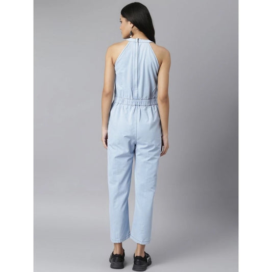 Indoraa Women's Denim Self Design Sleeveless Jumpsuit (Blue)