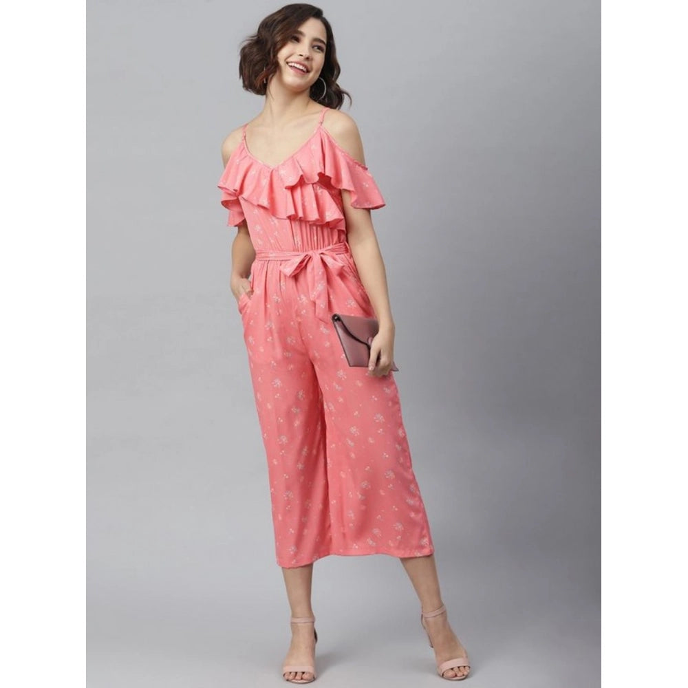 Indoraa Women's Polyester Floral Cold Shoulder Jumpsuit (Pink)