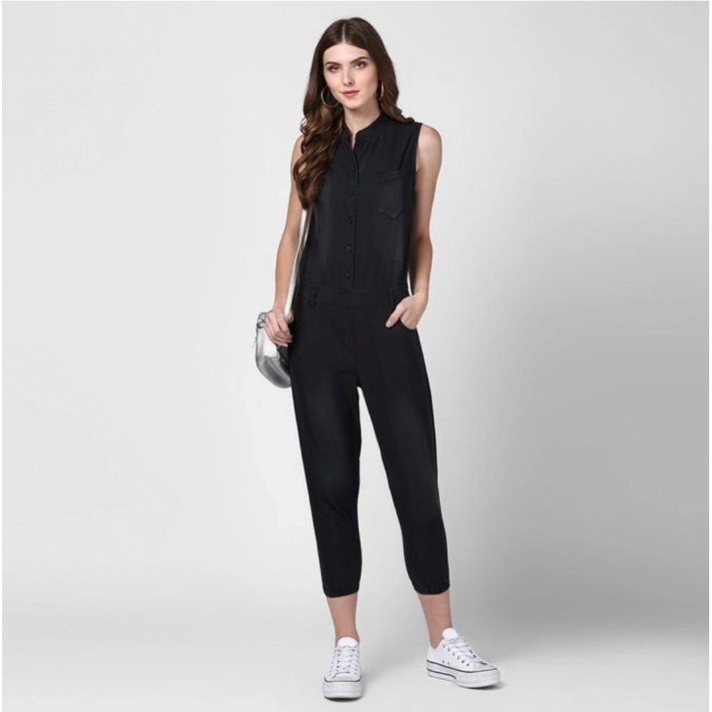 Indoraa Women's Denim Solid Sleeveless Jumpsuit (Black)