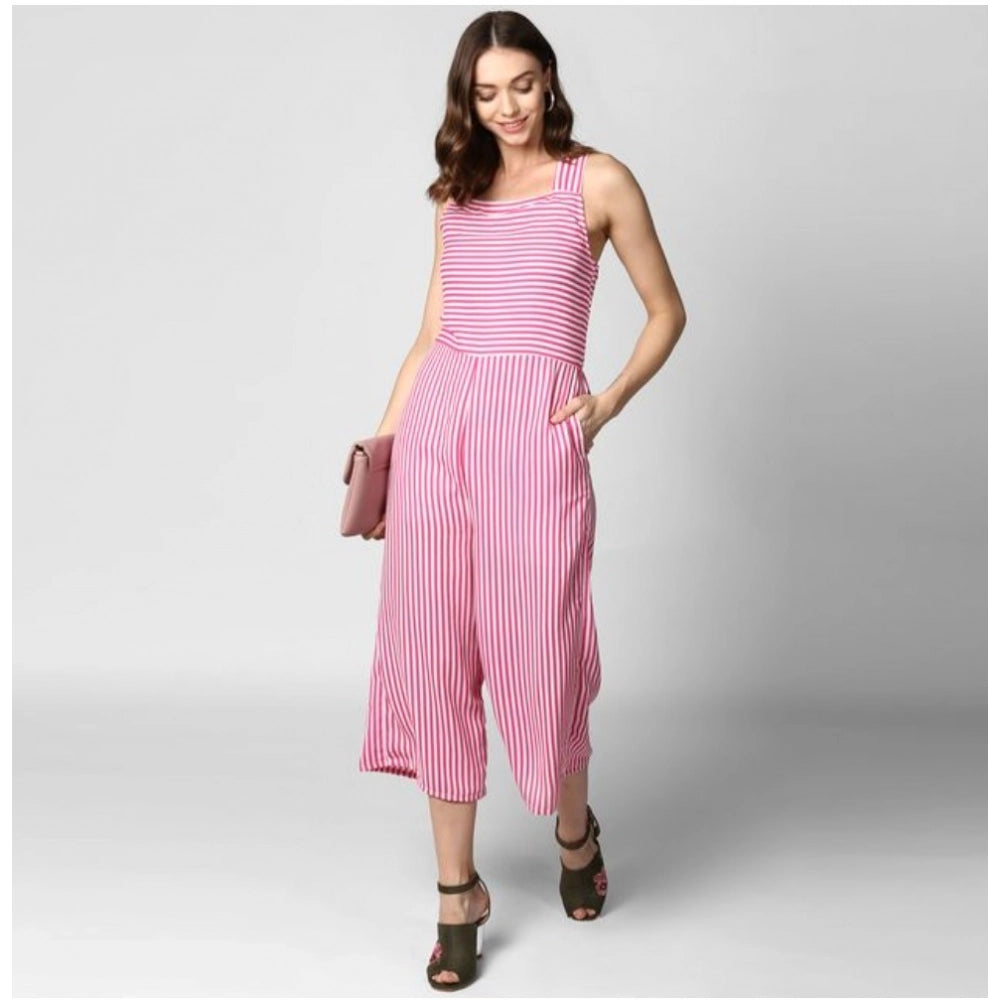 Indoraa Women's Polyester Striped Sleeveless Jumpsuit (Pink)
