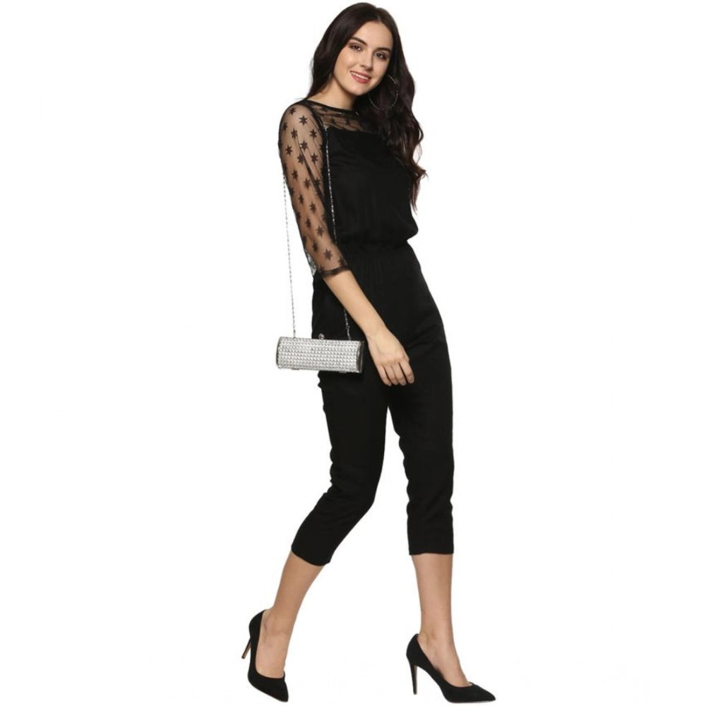 Indoraa Women's Polyester Self Design 3/4th Sleeve Jumpsuit (Black)