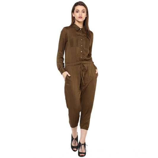 Indoraa Women's Rayon Solid Long Sleeve Jumpsuit (Olive)