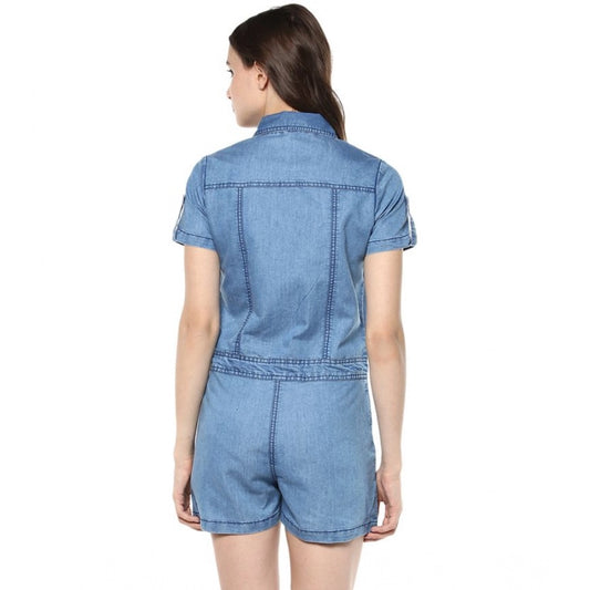 Indoraa Women's Denim Solid Short Sleeve Jumpsuit (Blue)