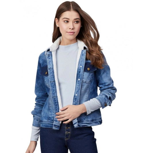 Indoraa Women's Denim Washed Long Sleeve Jacket (Blue)