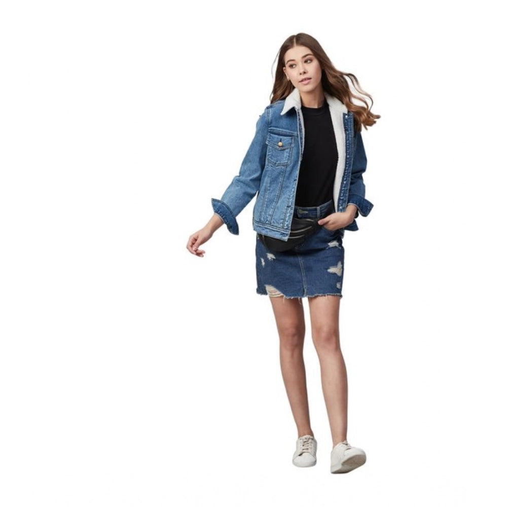 Indoraa Women's Denim Washed Long Sleeve Jacket (Blue)