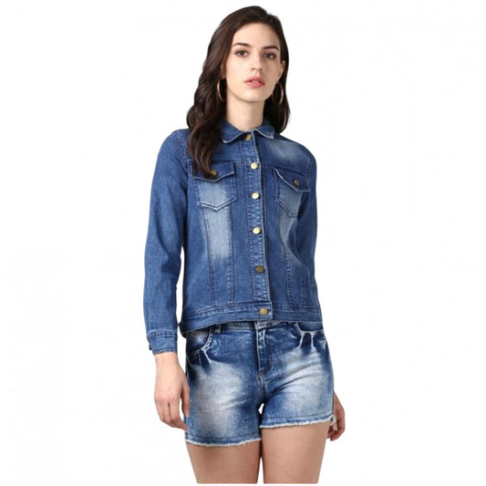 Indoraa Women's Denim Hand Painted Long Sleeve Jacket (Blue)