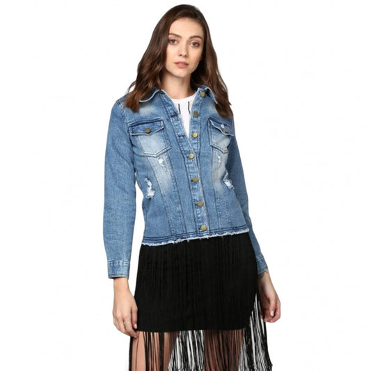 Indoraa Women's Denim Distressed Long Sleeve Jacket (Blue)