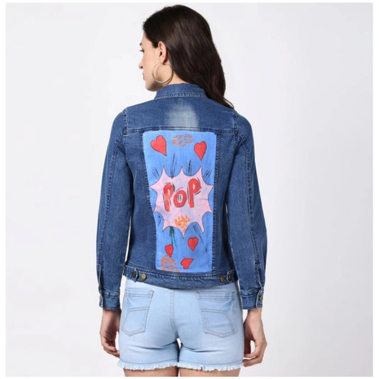 Indoraa Women's Denim Hand Painted Long Sleeve Jacket (Blue)