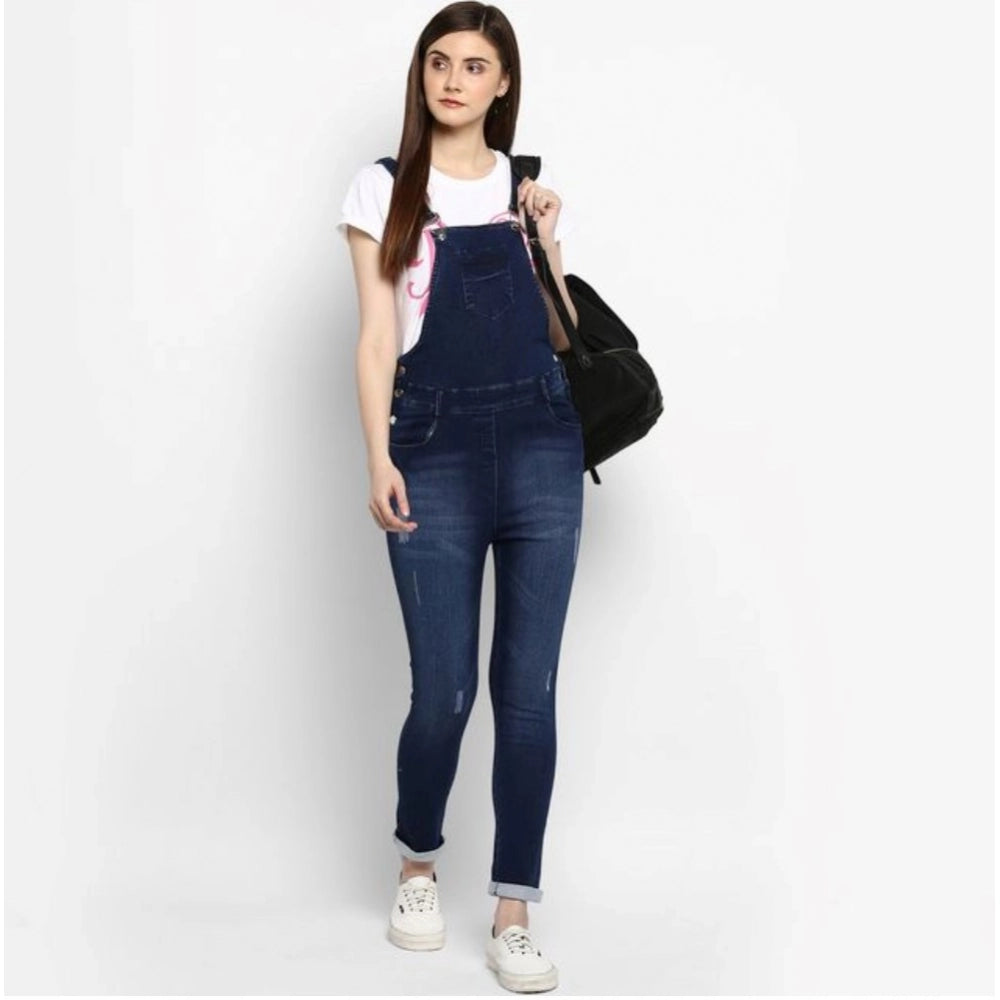 Indoraa Women's Denim Distressed Dungaree Pant (Blue)