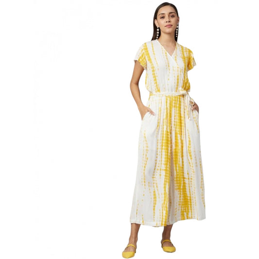 Indoraa Women's Rayon Striped Short Sleeve Jumpsuit (Yellow - White)