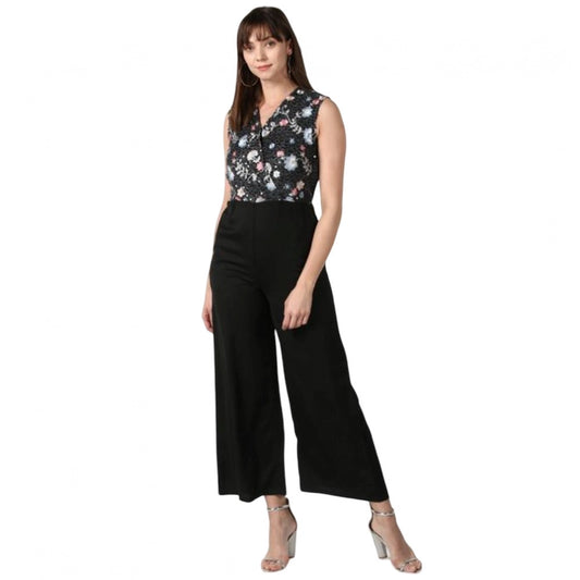 Indoraa Women's Polyester Embroidered Sleeveless Jumpsuit (Black)
