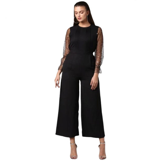 Indoraa Women's Polyester Embellished Long Sleeve Jumpsuit (Black)