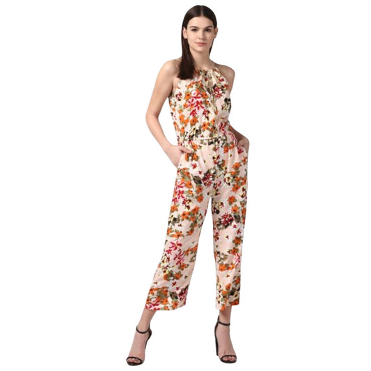 Indoraa Women's Polyester Floral Halter Jumpsuit (Peach)