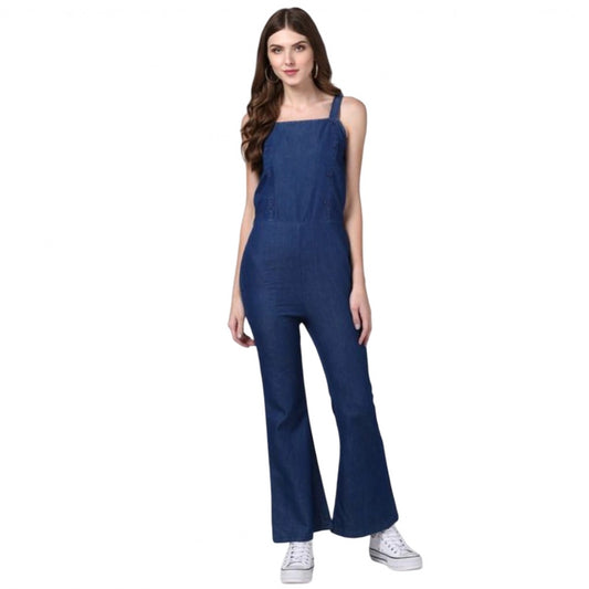 Indoraa Women's Denim Solid Shoulder Straps Jumpsuit (Blue)