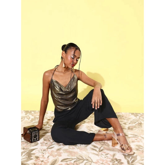 Indoraa Women's Polyester Embellished Sleeveless Jumpsuit (Gold)