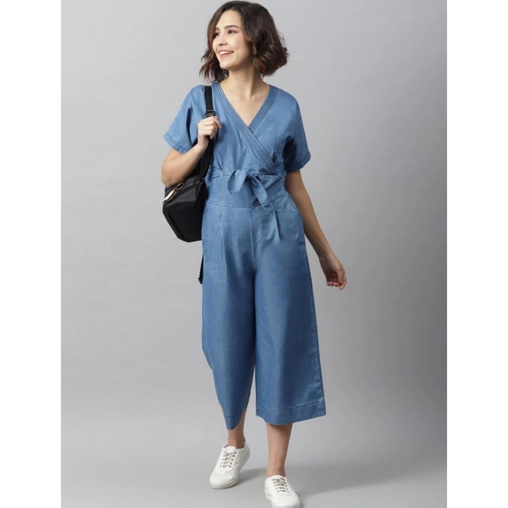 Indoraa Women's Denim Solid Half Sleeve Jumpsuit (Blue)