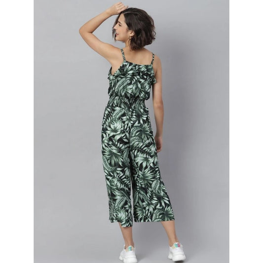 Indoraa Women's Polyester Printed Shoulder Straps Jumpsuit (Black - Green)