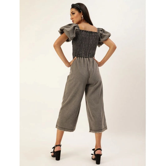 Indoraa Women's Denim Solid Balloon Sleeve Jumpsuit (Black)