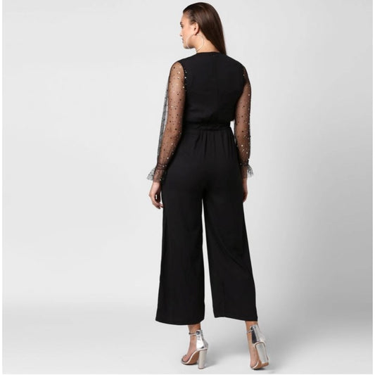 Indoraa Women's Polyester Embellished Long Sleeve Jumpsuit (Black)