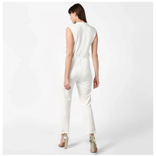 Indoraa Women's Polyester Embellished Sleeveless Jumpsuit (White)