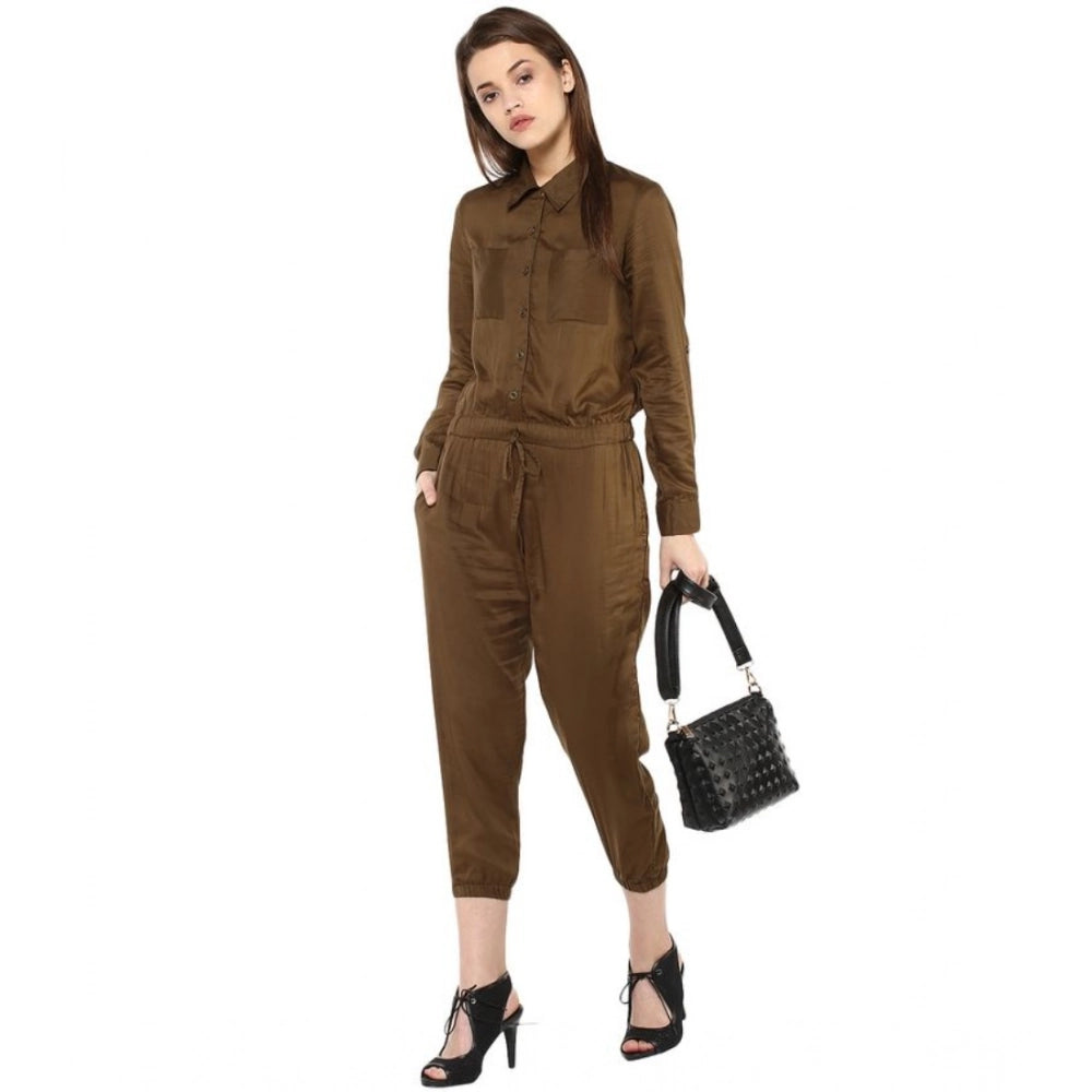 Indoraa Women's Rayon Solid Long Sleeve Jumpsuit (Olive)