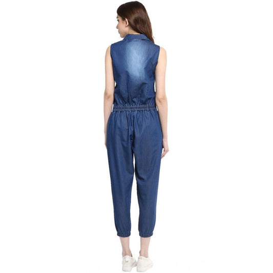 Indoraa Women's Denim Solid Sleeveless Jumpsuit (Blue)