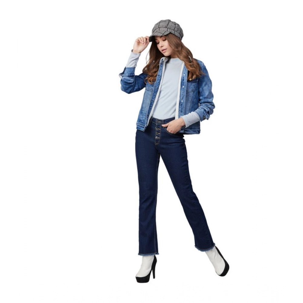 Indoraa Women's Denim Washed Long Sleeve Jacket (Blue)