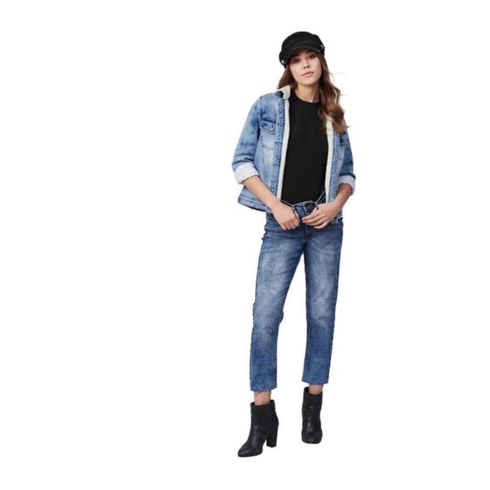 Indoraa Women's Denim Washed Long Sleeve Jacket (Blue)