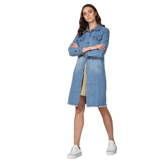 Indoraa Women's Denim Washed Long Sleeve Jacket (Blue)