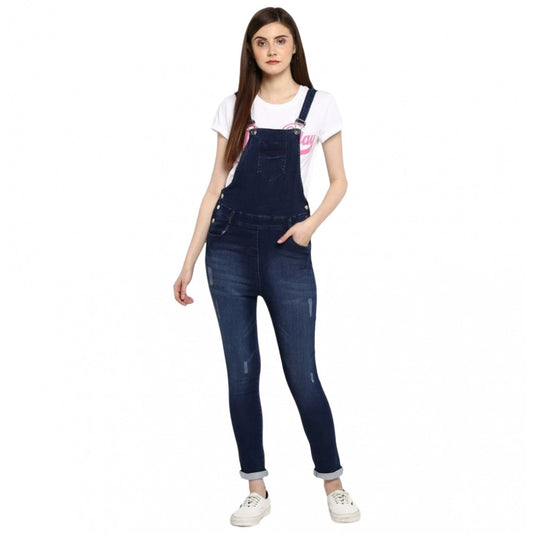 Indoraa Women's Denim Distressed Dungaree Pant (Blue)