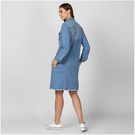 Indoraa Women's Denim Washed Long Sleeve Jacket (Blue)