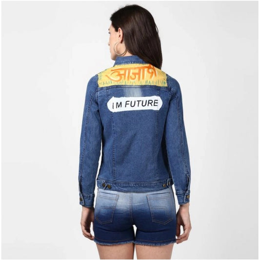 Indoraa Women's Denim Hand Painted Long Sleeve Jacket (Blue)