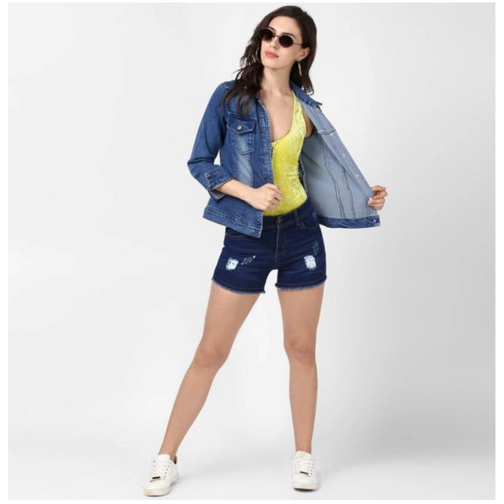 Indoraa Women's Denim Hand Painted Long Sleeve Jacket (Blue)