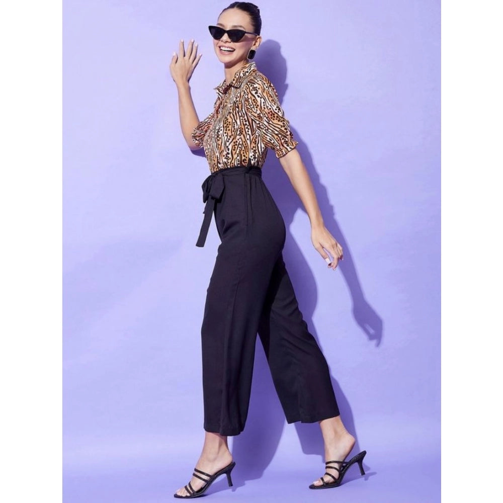 Indoraa Women's Polyester Animal Print Half Sleeve Jumpsuit (Orange - Black)