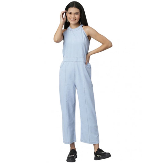 Indoraa Women's Denim Self Design Sleeveless Jumpsuit (Blue)
