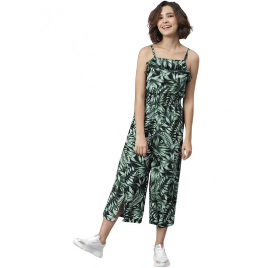 Indoraa Women's Polyester Printed Shoulder Straps Jumpsuit (Black - Green)