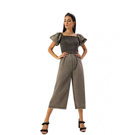 Indoraa Women's Denim Solid Balloon Sleeve Jumpsuit (Black)