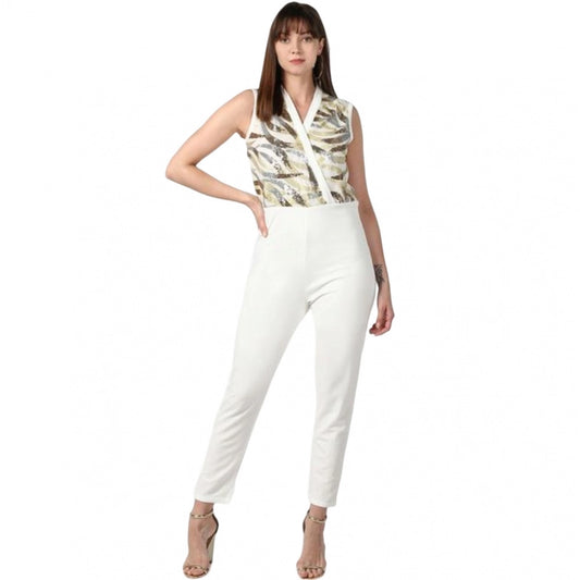 Indoraa Women's Polyester Embellished Sleeveless Jumpsuit (White)