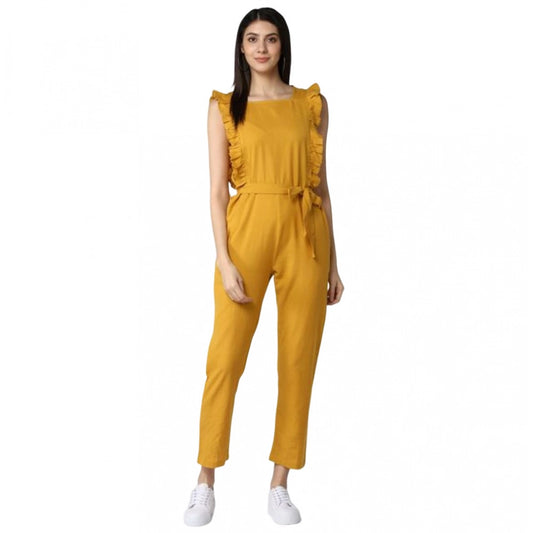 Indoraa Women's Cotton Linen Solid Sleeveless Jumpsuit (Yellow)