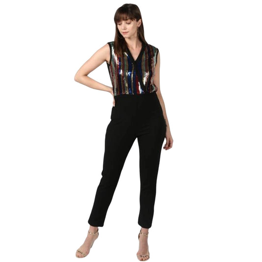 Indoraa Women's Polyester Embellished Sleeveless Jumpsuit (Black)