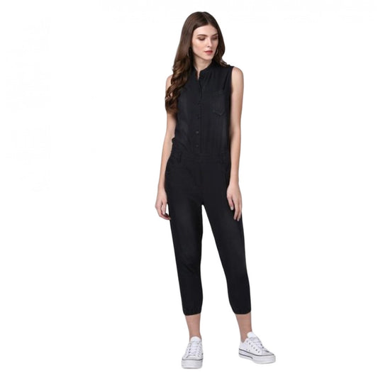 Indoraa Women's Denim Solid Sleeveless Jumpsuit (Black)