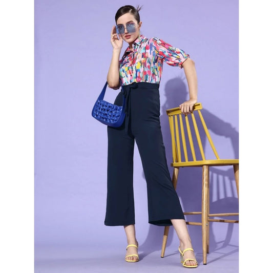 Indoraa Women's Polyester Printed 3/4th Sleeve Jumpsuit (Multicolor - Navy)