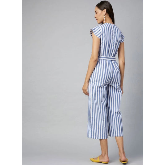 Indoraa Women's Cotton-Polyester Blend Striped Short Sleeve Jumpsuit (Blue)