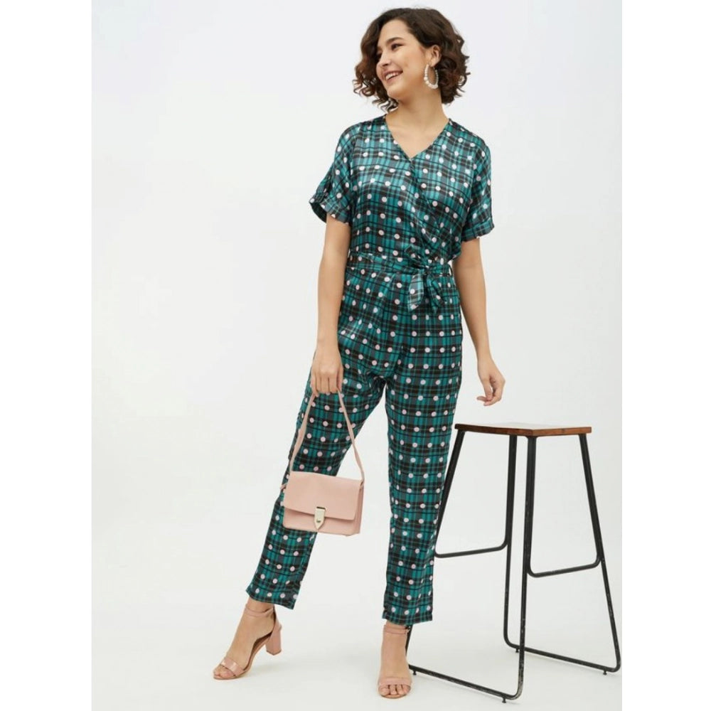 Indoraa Women's Polyester Polka Short Sleeve Jumpsuit (Green)