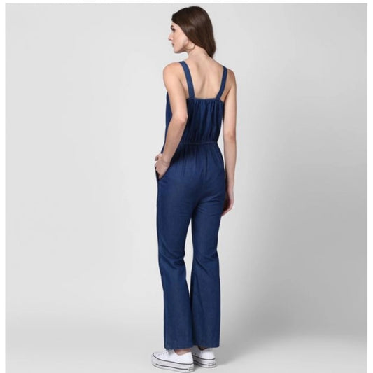 Indoraa Women's Denim Solid Shoulder Straps Jumpsuit (Blue)