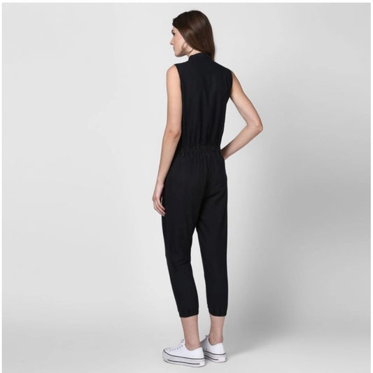 Indoraa Women's Denim Solid Sleeveless Jumpsuit (Black)